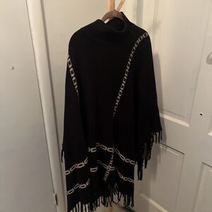 J. McLaughlin Black Gold Chain Print Fringe Poncho One Size Mock Neck